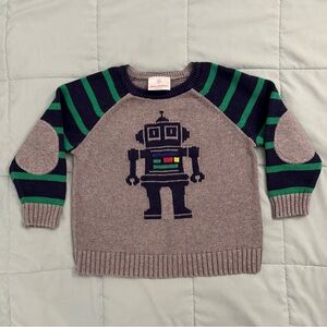 Hannah Anderson Kids’ Robot Sweater w Green and Blue Stripes and Elbow Patches